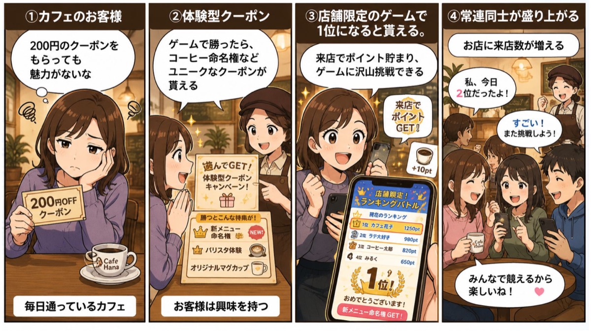 体験型クーポンの例。①200円OFFクーポンでは魅力がないと感じるお客様が、②ゲームで勝つとコーヒー命名権などユニークなクーポンが貰えると興味を持ち、③店舗限定のゲームで1位を目指して来店ポイントを貯め、④常連同士が「2位だった」「また挑戦しよう」と盛り上がる。
